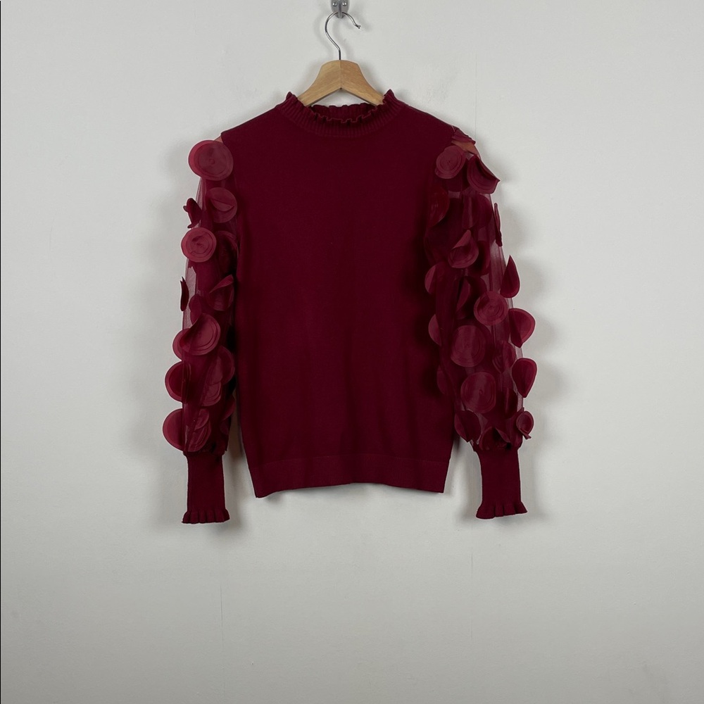 Sioni Milano Mixed Media Burgundy Mesh Applique Ruffled Sleeves Sweater Women S
